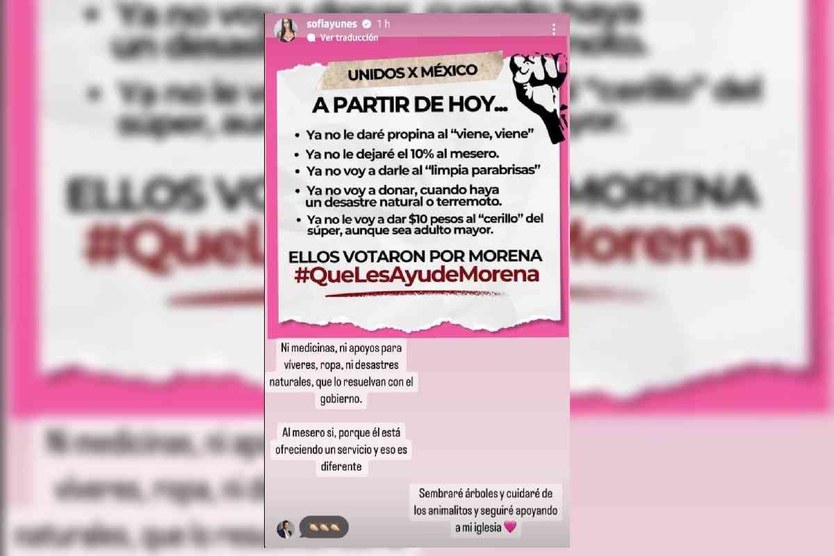Pantallazo de un tuit de Sofía Yunes, excandidata de Movimiento Ciudadano, diciendo que ya no va a dar propina a la gente que votó por Morena.