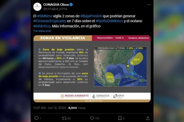 SMN vigila dos sistemas de baja presión en el Golfo de México y Atlántico. Foto: X @conagua_clima