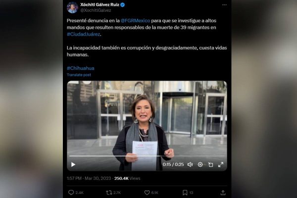 Xóchitl Gálvez presenta denuncia en FGR por muerte de migrantes en Ciudad Juárez, el 30 de marzo de 2023. Foto: X @XochitlGalvez