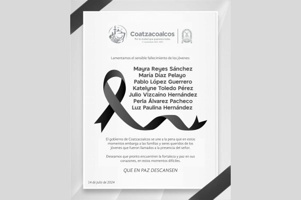 esquela del ayuntamiento de coatzacoalcos por la muerte de siete jóvenes que cayeron en un río