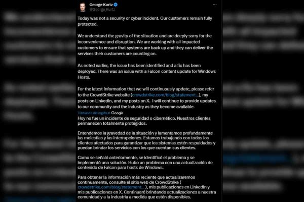 director general de CrowdStrike, George Kurtz, informa sobre el fallo informático