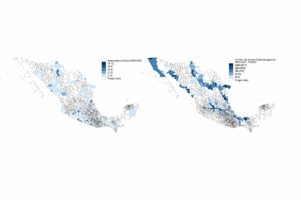 Gráfica con el número de asesinatos políticos en México entre 2000–21 y el Huachicol.