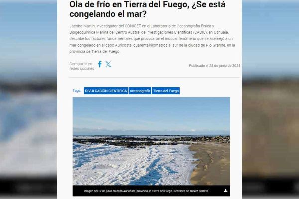 Captura de pantalla de nota que habla sobre fenómeno en las costas del cabo Auricosta, en Tierra de Fuego 