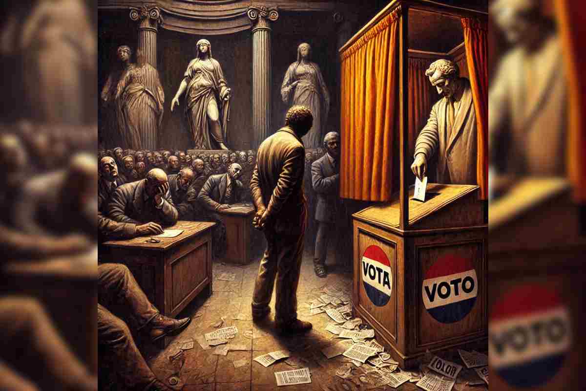 La imagen simboliza la pérdida de valor del voto. Generada por Roberto Heycher con la Herramienta DALL E 2024.