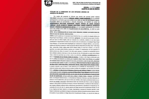 Oficio emitido por el Poder Judicial de Veracruz