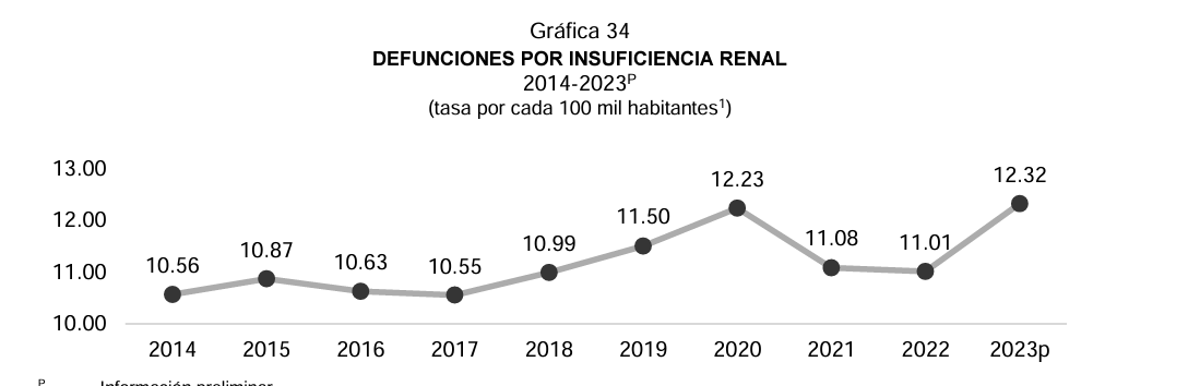 La tasa más alta de decesos por insuficiencia renal en el país se alcanzó en 2023. Según el más reciente informe del INEGI