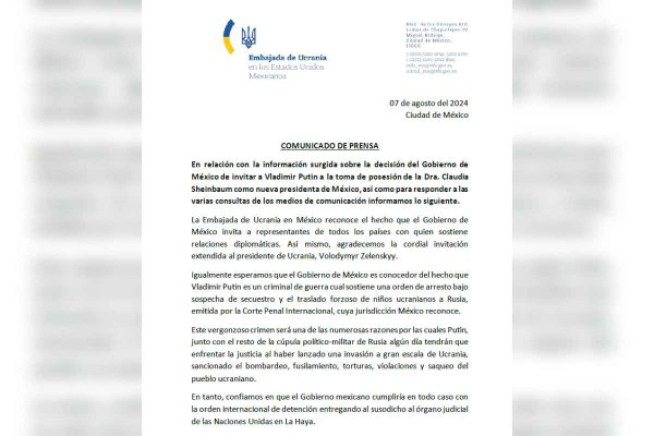 Comunicado de la Embajada de Ucrania pidiendo la detención de Putin
