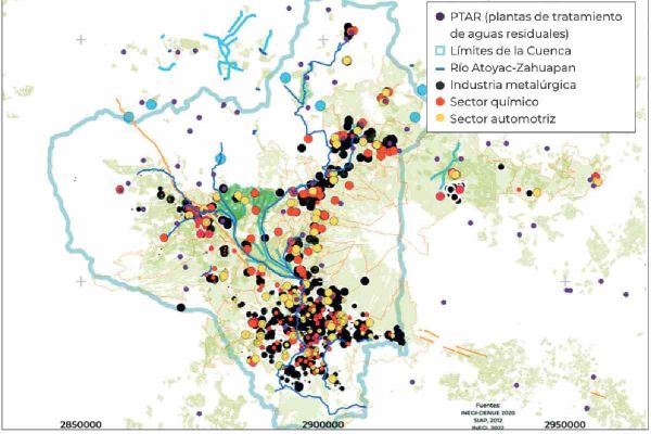 Delimitación geográfica de la cuenca del alto Atoyac y geolocalización de los sectores económicos por tipo deactividad y tamaño de la empresa. Fuente: Informe Estratégico Cuenca del Alto Atoyac de Conahcyt.