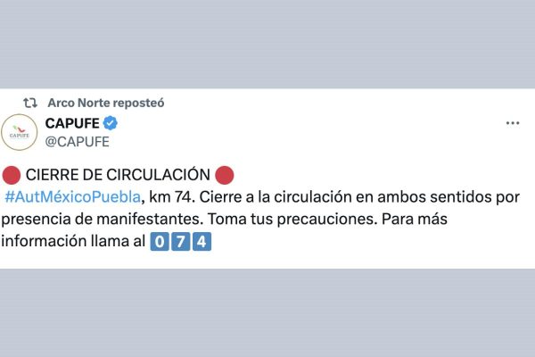 mensaje de capufe sobre el bloqueo de ejidatarios en el arco norte