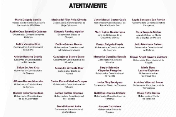 Gobernadores de Morena firmantes que respaldan al gobernador de Sinaloa Rubén Rocha Moya