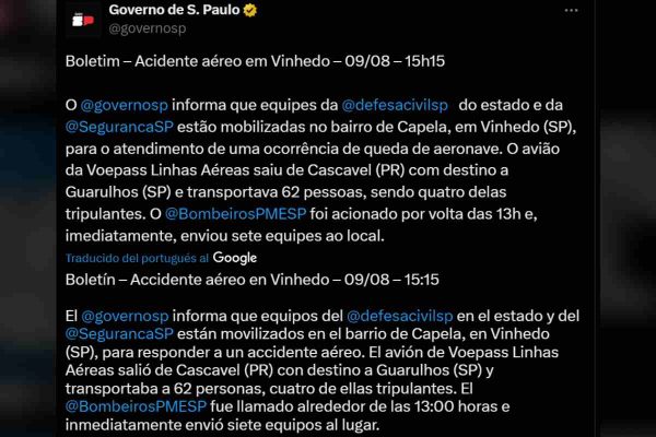 Gobierno de Sao Paulo informa sobre accidente de avión en Brasil