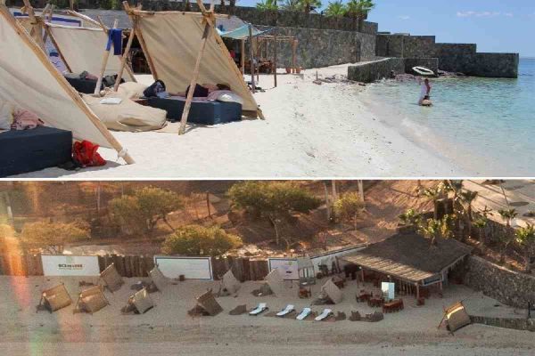 Instalaciones sobre Zofemat del club de playa. Fuente: Arriba, Daniela Reyes; Abajo redes sociales de El Caimancito