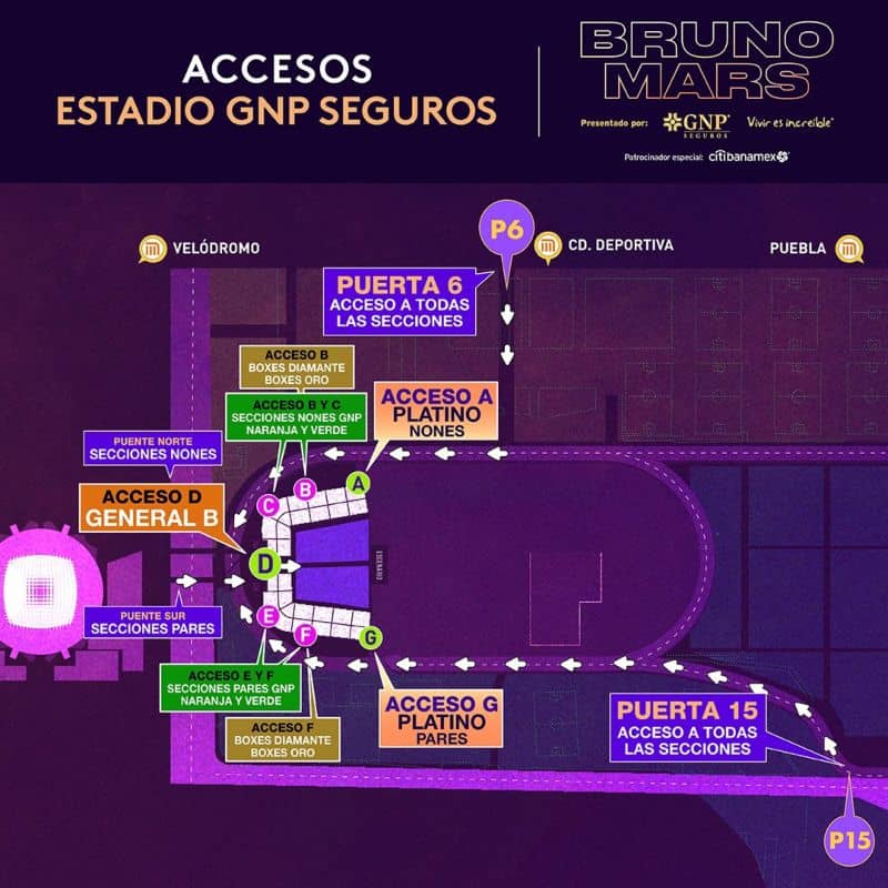 accesos bruno mars estadio gnp