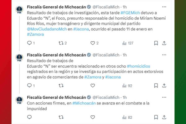 Comunicado de la Fiscalía de Michoacán respecto al asesinato de Miriam Ríos.
