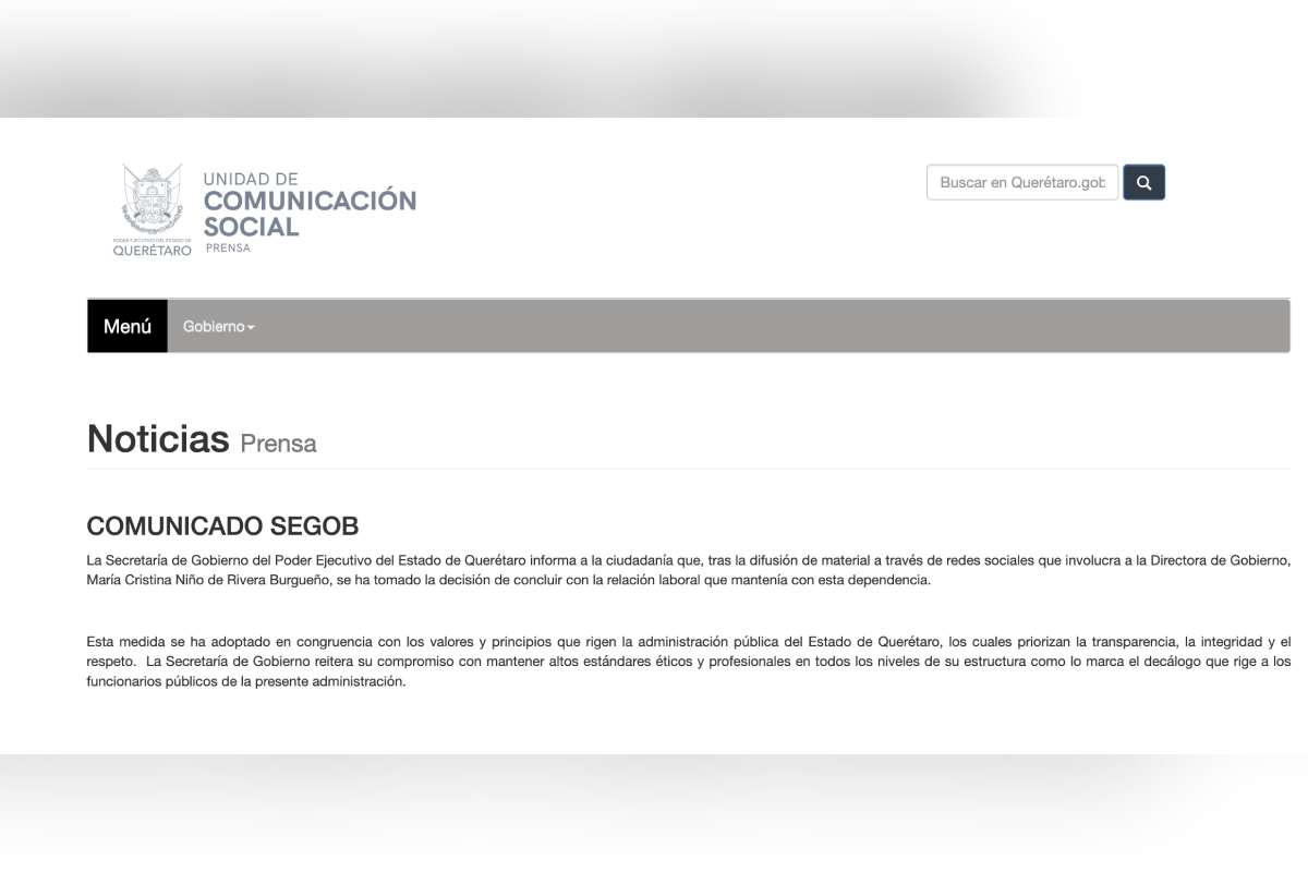 Comunicado de la Secretaría de Gobierno de Querétaro. Foto: Captura de pantalla