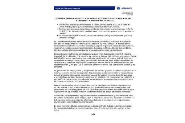Postura Coparmex reforma Poder Judicial 