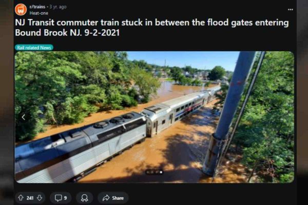 Captura de pantalla de Reddit sobre tren atascado en Nueva Jersey en 2021