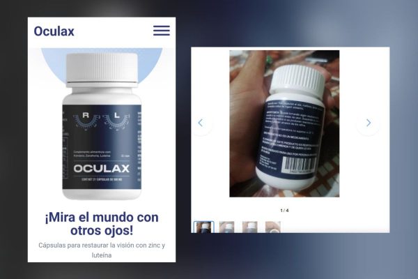 Capturas de pantalla de página de Oculax y Mercado Libre que promocionan producto