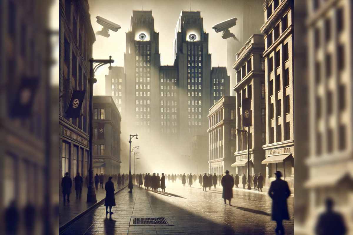 La imagen, generada con inteligencia artificial, simboliza un ambiente vigilado, silencioso y tenso. La paz autoritaria.