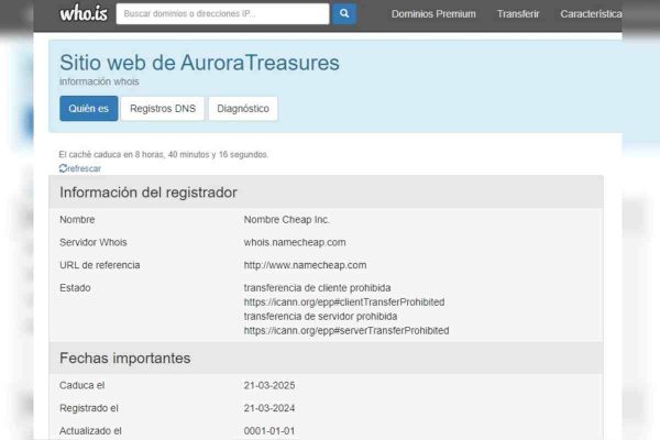 Captura de pantalla de Who.is de página que promociona Oculax