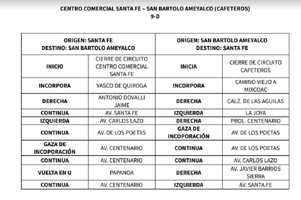Ruta de RTP que va de Centro Comercial Santa Fe a San Bartolo Ameyalco