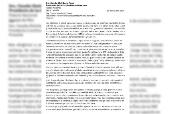 El pasado 16 de octubre, un grupo de excolaboradoras envió esta carta a Claudia Sheinbaum | Foto: Tomada de Instagram