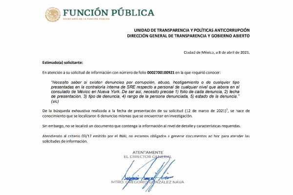 Respuesta a una solicitud de información hecha en 2021 sobre casos de acoso en el consulado de México en Nueva York Foto: Captura de pantalla de la PNT