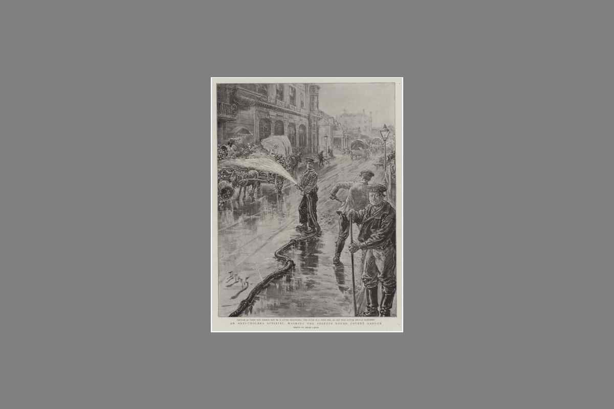Henri Lanos (1894). Una campaña específica contra el cólera que lava las calles de Covent Garden, Londres. "The Graphic" 01/09/1894, p. 244.