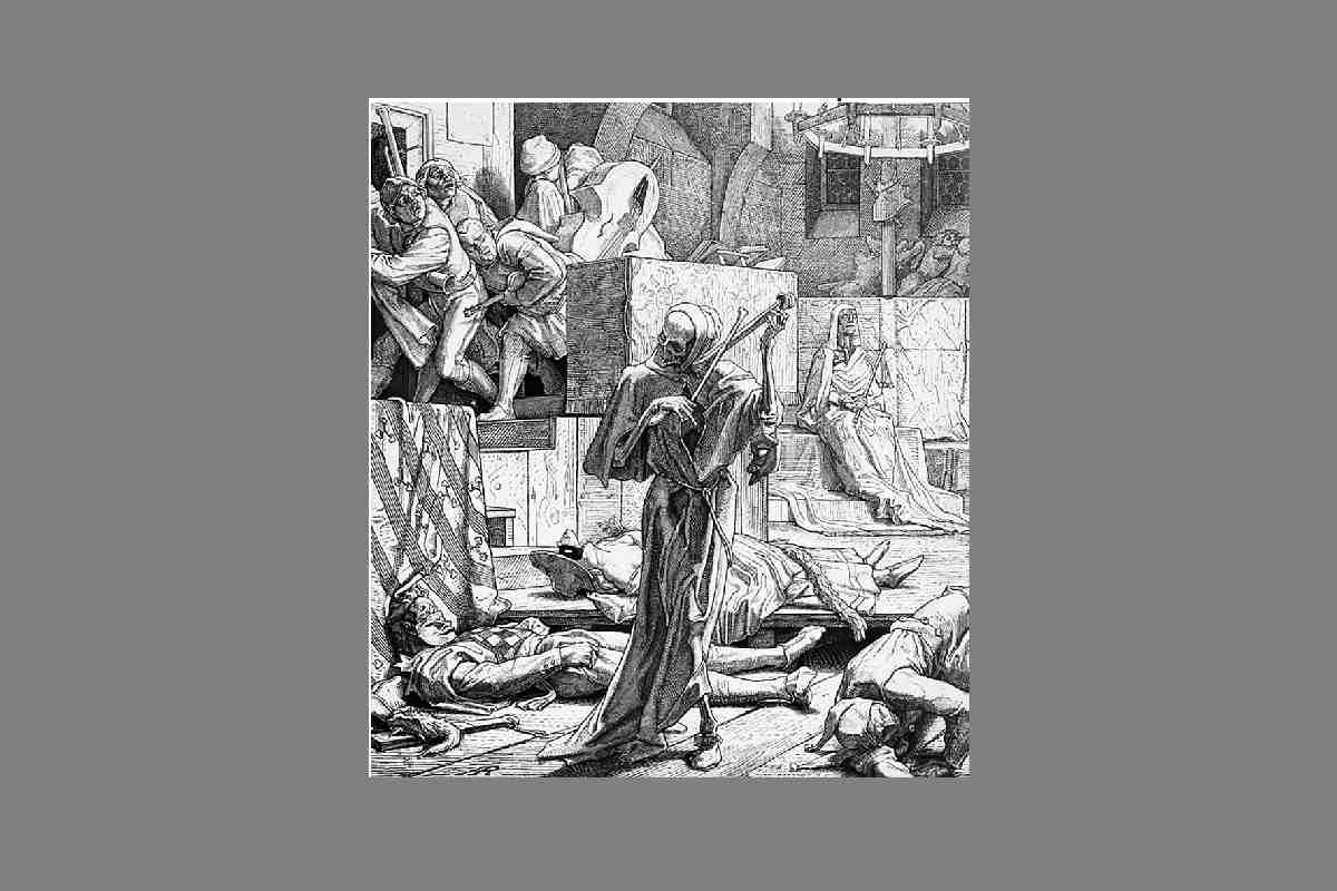 Muerte como asesino (1851). Grabado en madera de Alfred Rethel, quién se inspiró en un relato del poeta Heinrich Heine sobre el brote de cólera en 1832, durante un baile de máscaras en el carnaval de París.