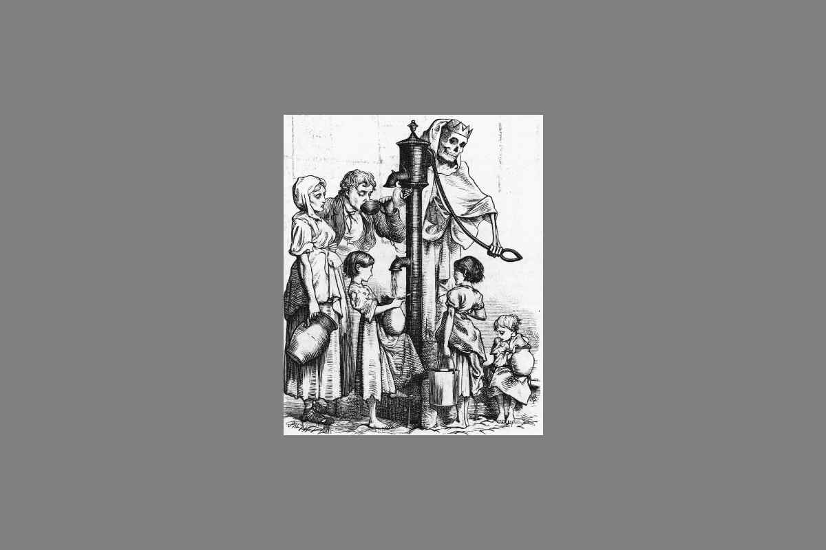 'El dispensario de la muerte', alegoría de la bomba de agua de Broad Street. (caricatura publicada en “FUN”, 18 de agosto 1866, según Lyons 1978).
