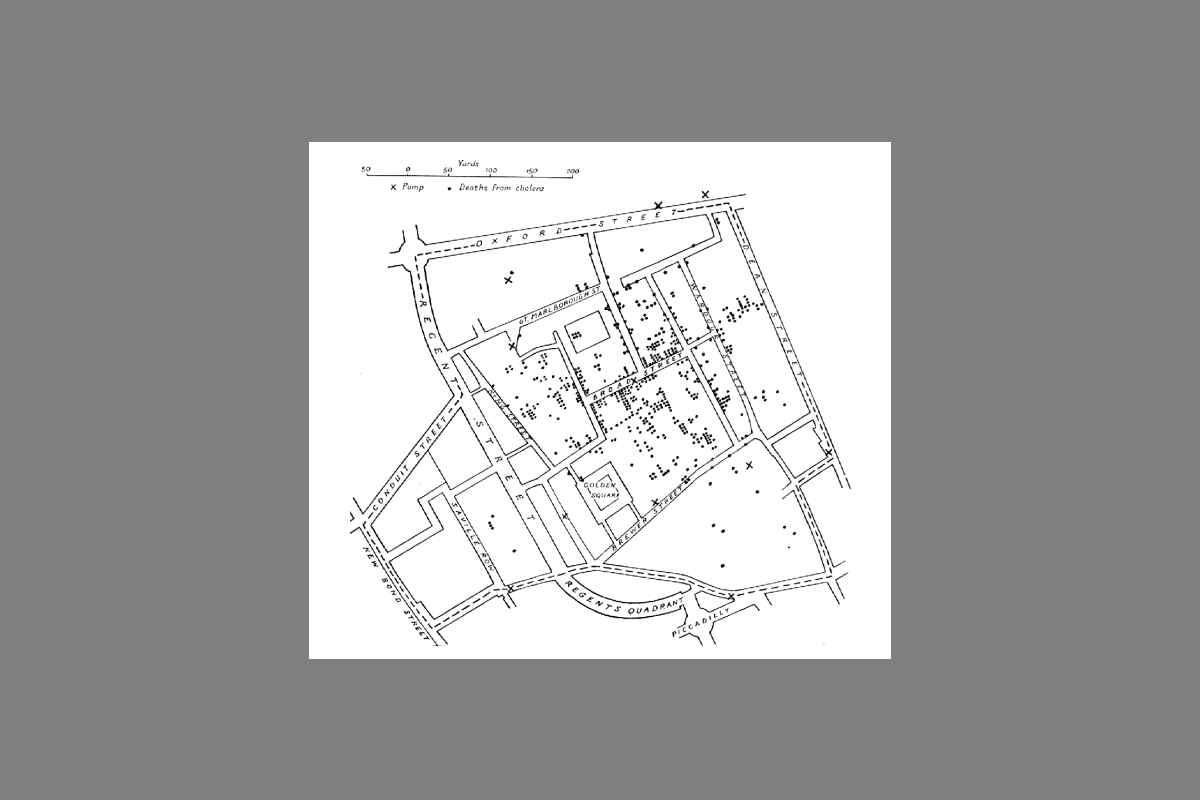 Mapa original de John Snow que representa la distribución de los casos de cólera durante la epidemia de Londres en 1854, diseñado y litografiado por Charles Cheffins.