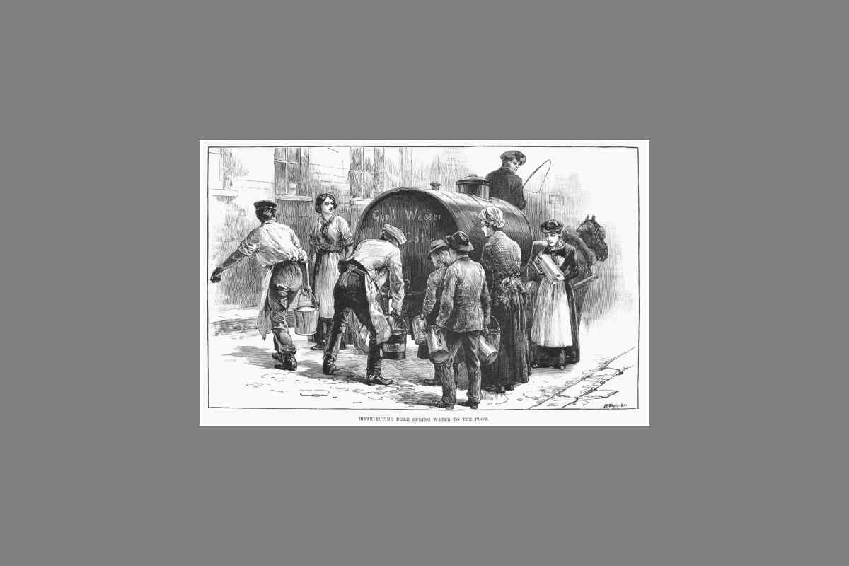 Cholera Hamburgo (1892). Distribuyendo agua de manantial a los pobres durante la epidemia de cólera en Hamburgo. Grabado de un póster del periódico inglés Contemporray.