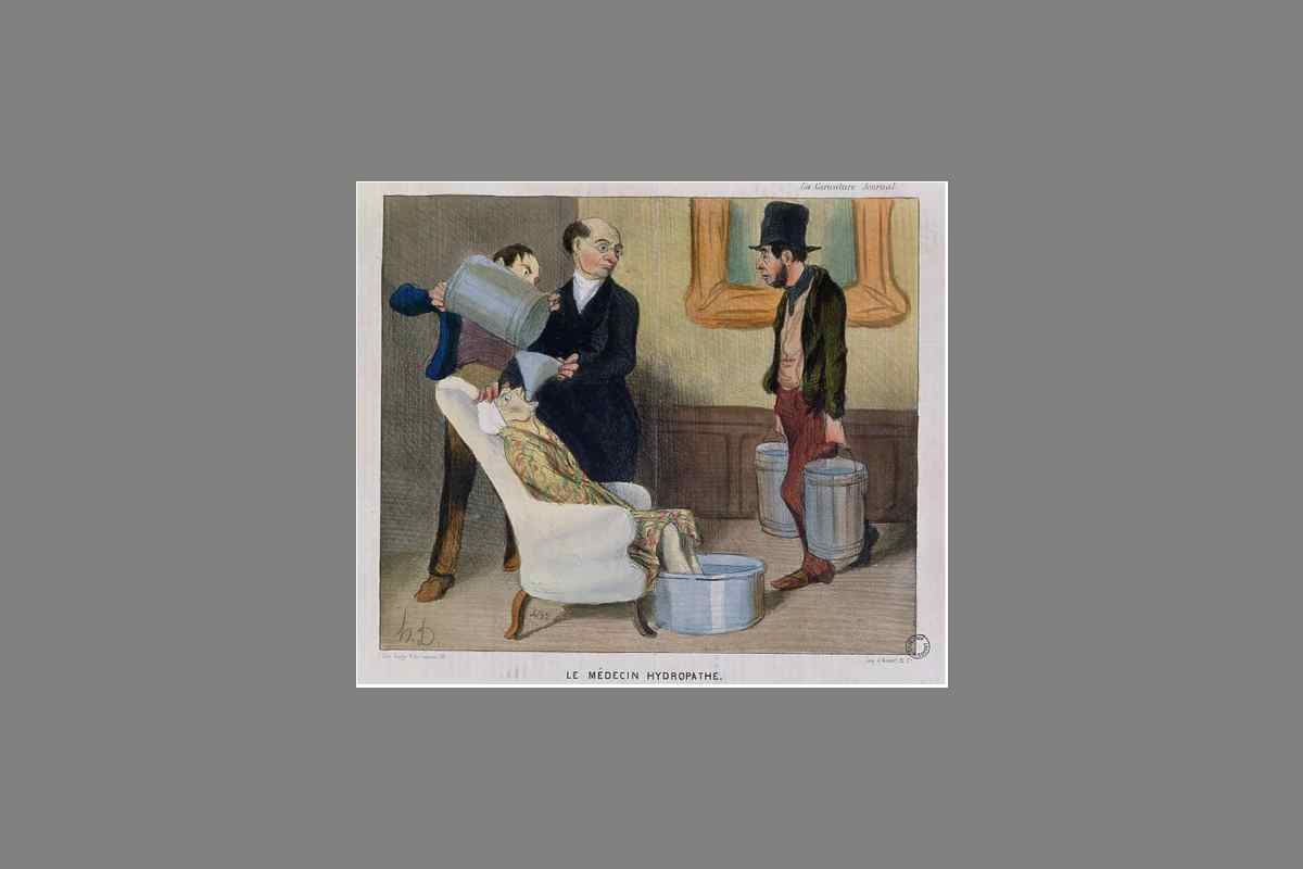 Honoré Daumier. El médico hidropático, caricatura de "La Caricature" (litografía en color). Antecedente empírico de la hidratación.