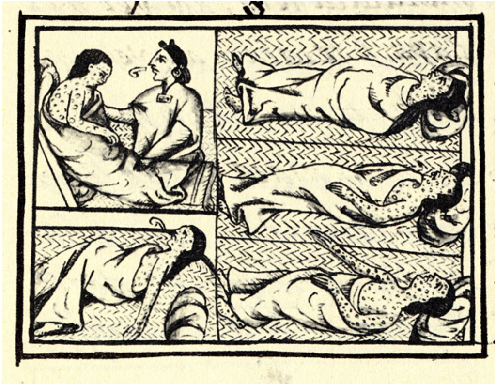 Historia general de las cosas de Nueva España (1540-1585). Dibujo que refleja el impacto de la viruela entre los indígenas mesoamericanos.