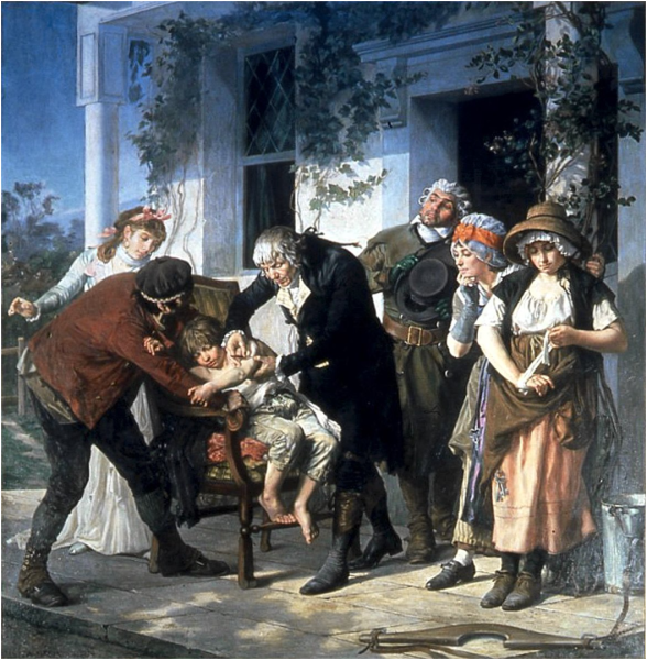 Edward Jenner vacunando a James Phipps, el 14 de mayo de 1796. Litografía del artista francés Gaston Mélingue de finales del siglo XIX.