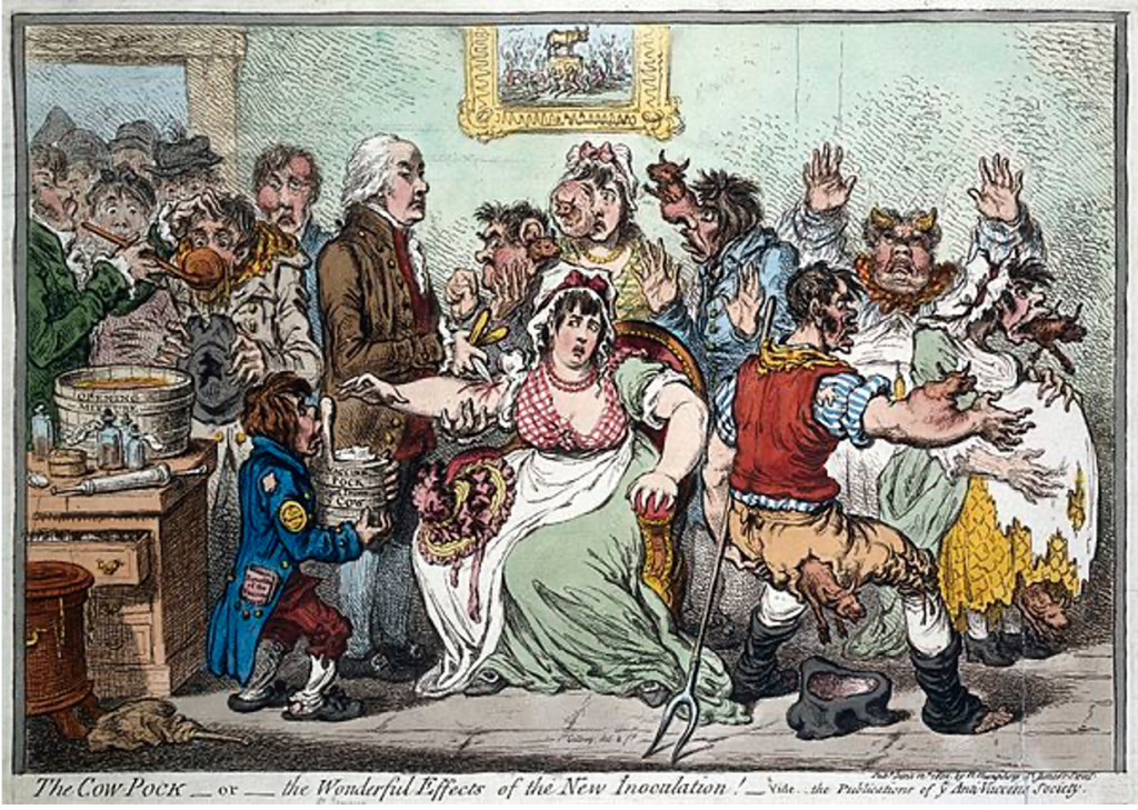 'The Cow-Pock-or-the Wonderful Effects of the New Inoculation!' Edward Jenner entre pacientes en la viruela y la inoculación. Litografía coloreada según J. Gillray, 1802. [Museo Británico, n.º 1851,0901.1091].