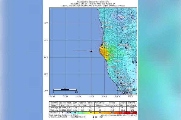 Mapa con el registro de la intensidad del sismo en California
