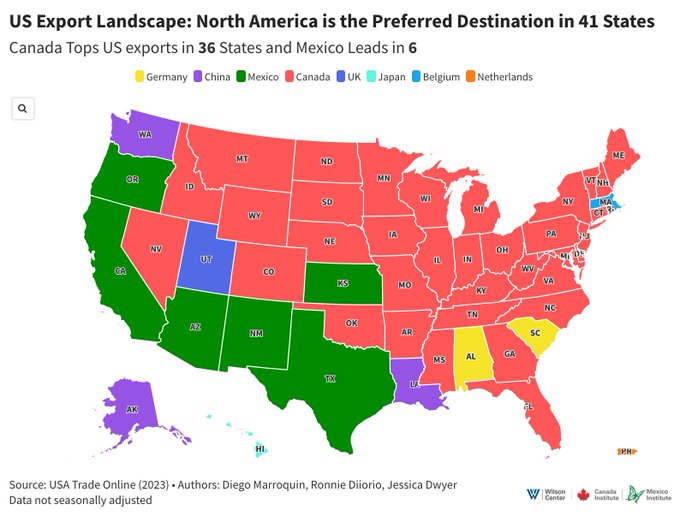 Mapa con las exportaciones de México y Canadá a Estados Unidos.
