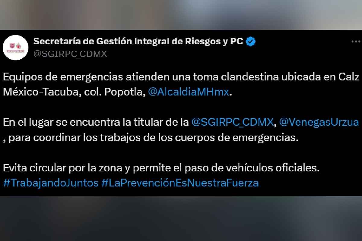 Hallan toma clandestina en Calzada México-Tacuba, tras reportes ciudadanos de olor a combustible