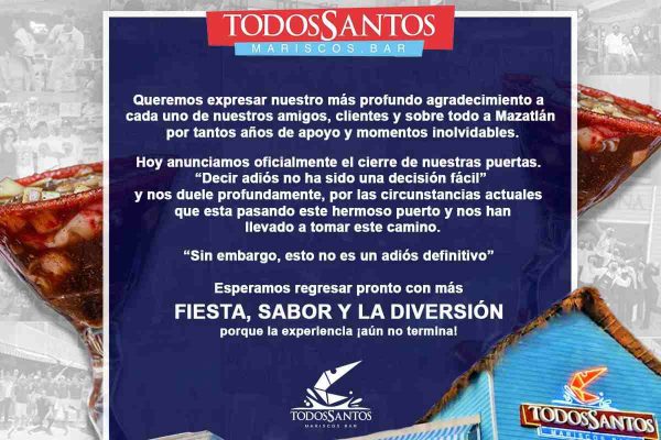 Anuncio de cierre de un restaurante de Mazatlán, Sinaloa, debido a la situación de violencia que vive el estado