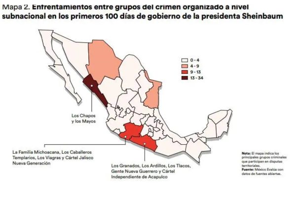 Mapa de enfrentamiento entre grupos del crimen organizado a nivel subnacional en los primeros 100 días de gobierno de Sheinbaum