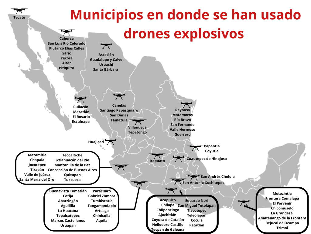 Mapa con los municipios donde se han usado drones explosivos.