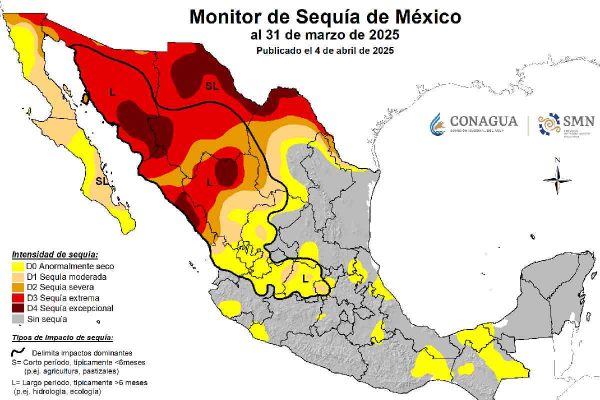 Mapa de sequía en México con corte al 31 de marzo de 2025