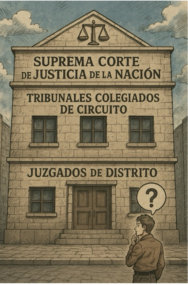 Ilustración con los tres pisos de que se compone el Poder Judicial Federal: Juzgados de Distrito, Tribunales Colegiados de Circuito y SCJN.