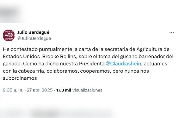 respuesta titular de Agricultura a alerta de EU sobre ganado mexicano y gusano barrenador