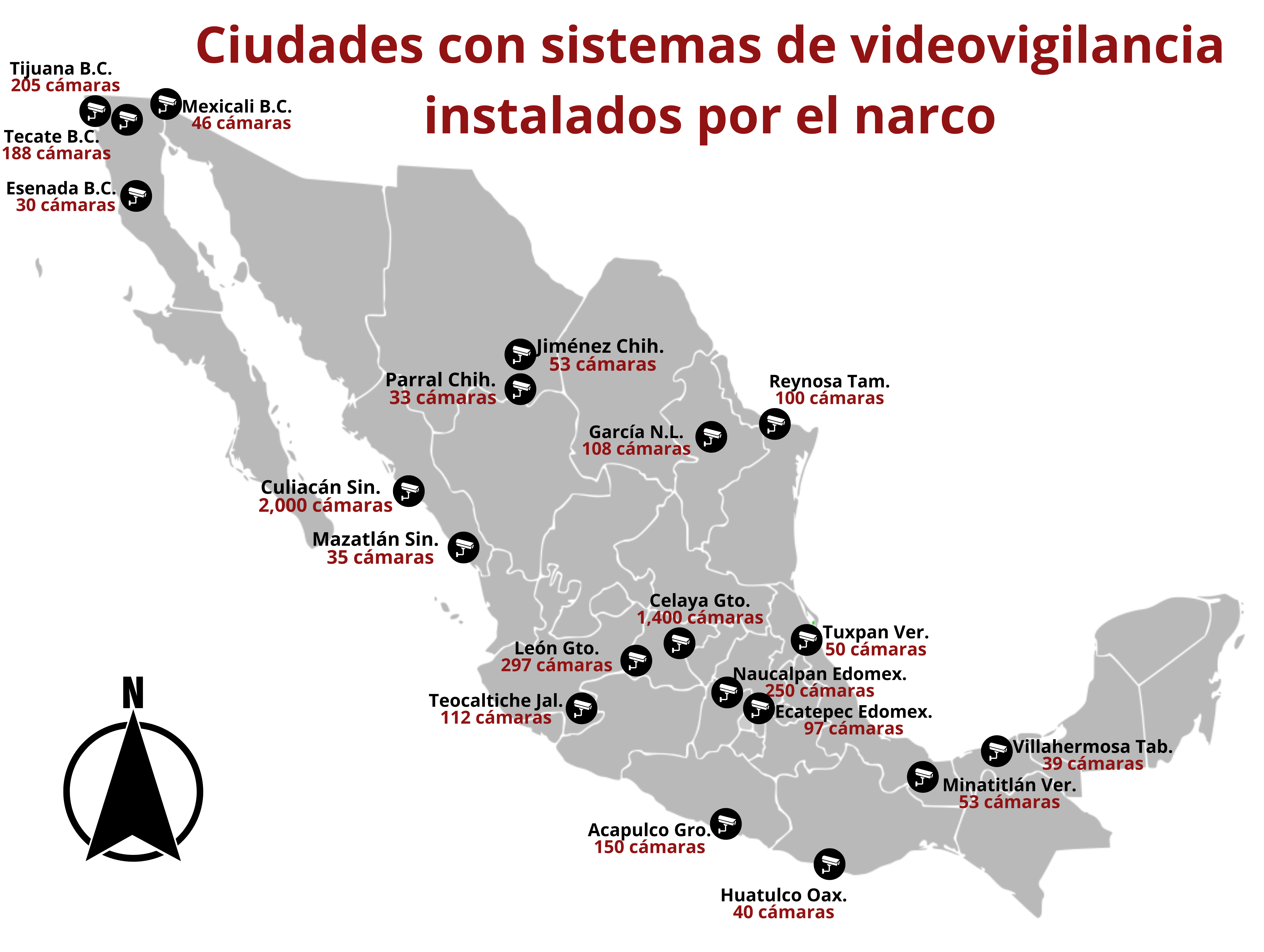 Mapa con la distribución de la videovigilancia que realizan grupos del crimen organizado en municipios de México.