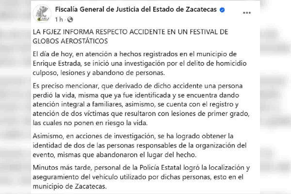 Fiscalía de Zacatecas investiga caso en festival del globo