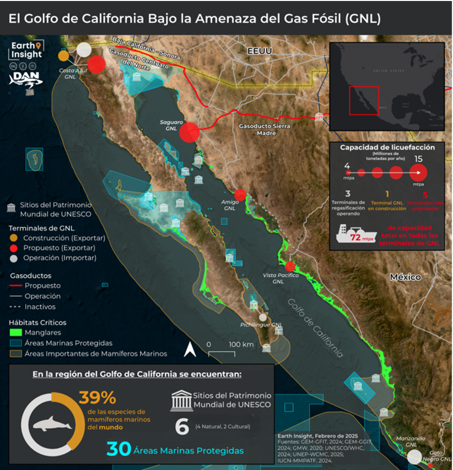 Mapa: El Golfo de California bajo la amenaza del gas fósil. Fuente: EarthInsight y DAN. 2025.