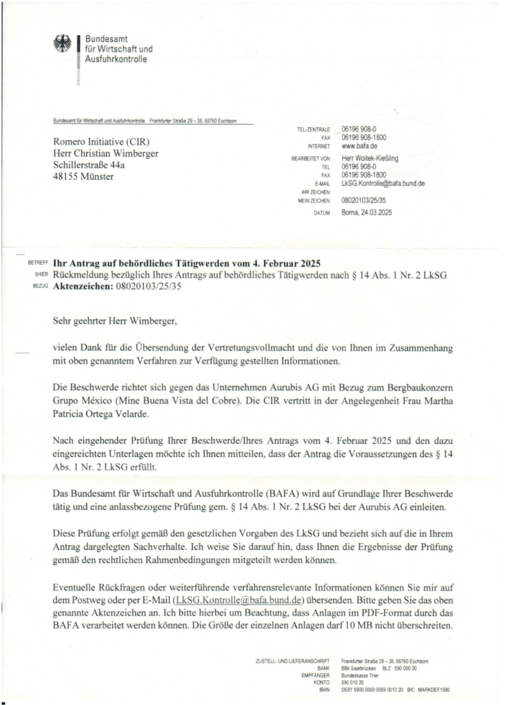 Carta respuesta de la BAFA a la queja de los Comités de Cuenca Río Sonora (CCRS).