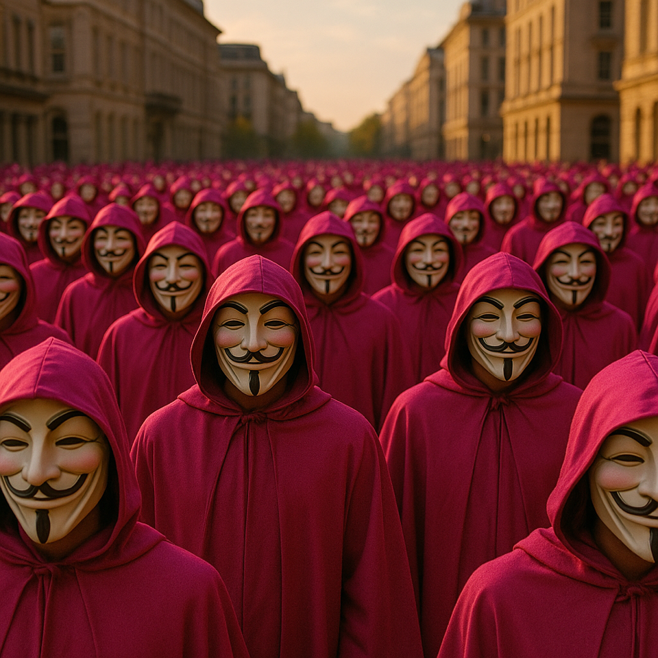 Imagen generada con IA generada por Roberto Heycher Cardiel Soto con la herramienta GPT 2025. Representa una escena cinematográfica inspirada en V for Vendetta, irradiando un tono optimista y de resistencia colectiva.